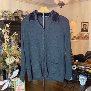 Nina Leonard Charcoal Cardigan with Black Faux Fur Collar